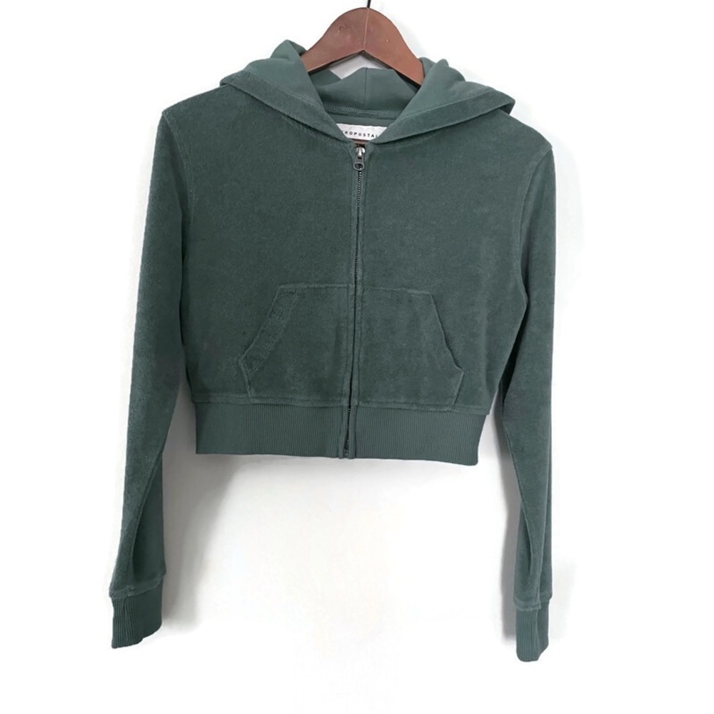 Aeropostale Cropped Hooded Zip-Up Hoodie Jacket Terry Pockets Sage Green, Small